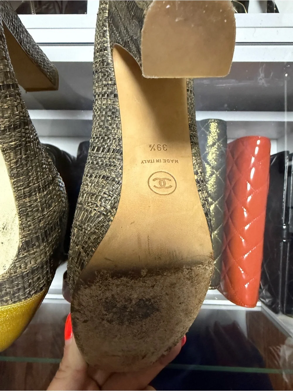 CHANEL Brown Tweed Pumps with Yellow Cap Toe